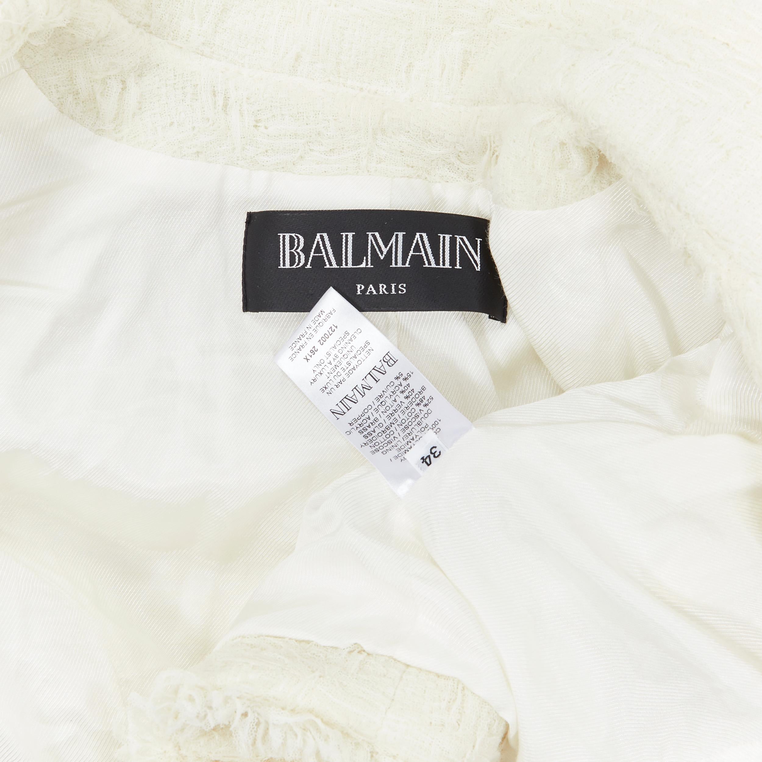 runway BALMAIN ivory white tweed crystal pearl brooch cropped blazer jacket FR34 3