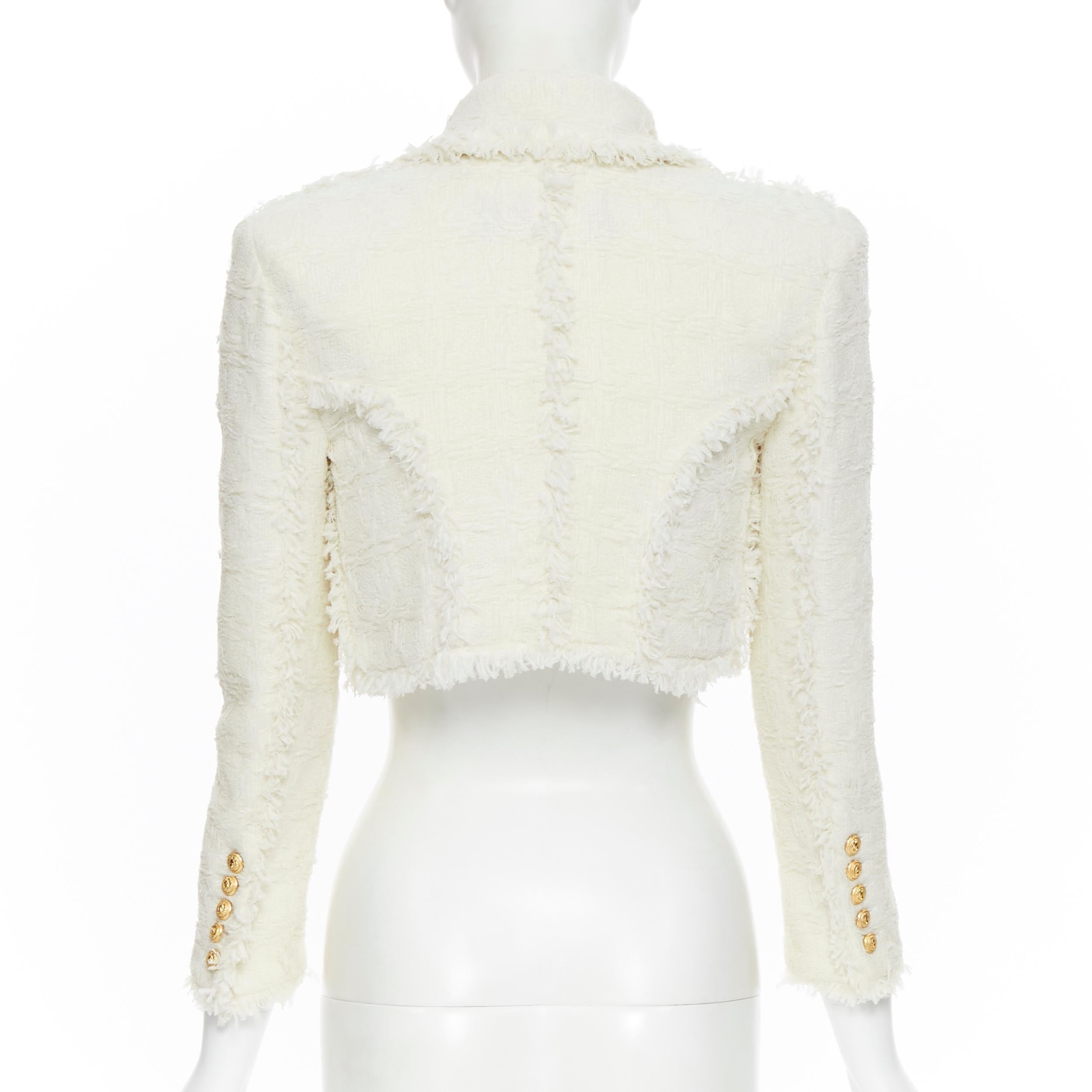White runway BALMAIN ivory white tweed crystal pearl brooch cropped blazer jacket FR34
