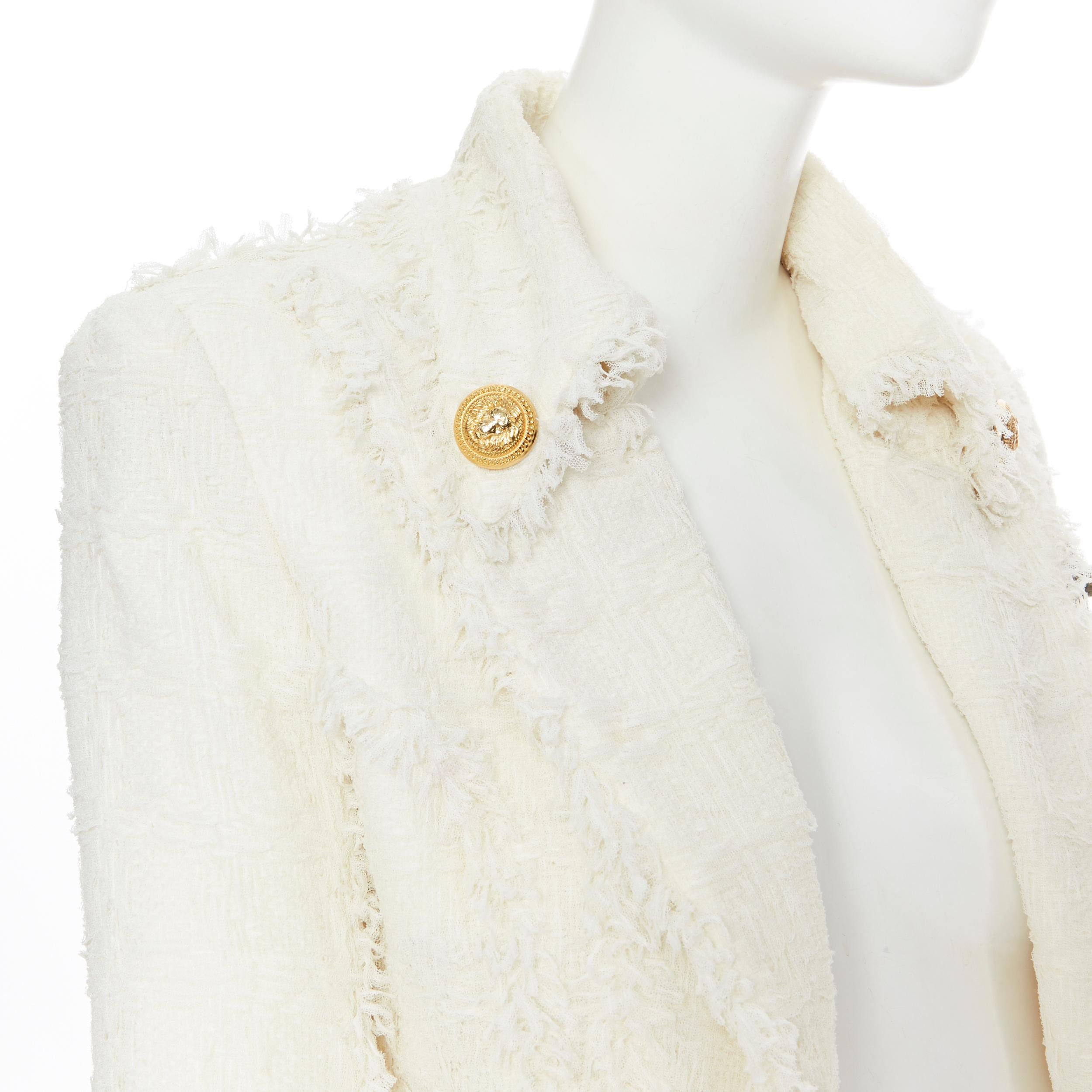 Women's runway BALMAIN ivory white tweed crystal pearl brooch cropped blazer jacket FR34