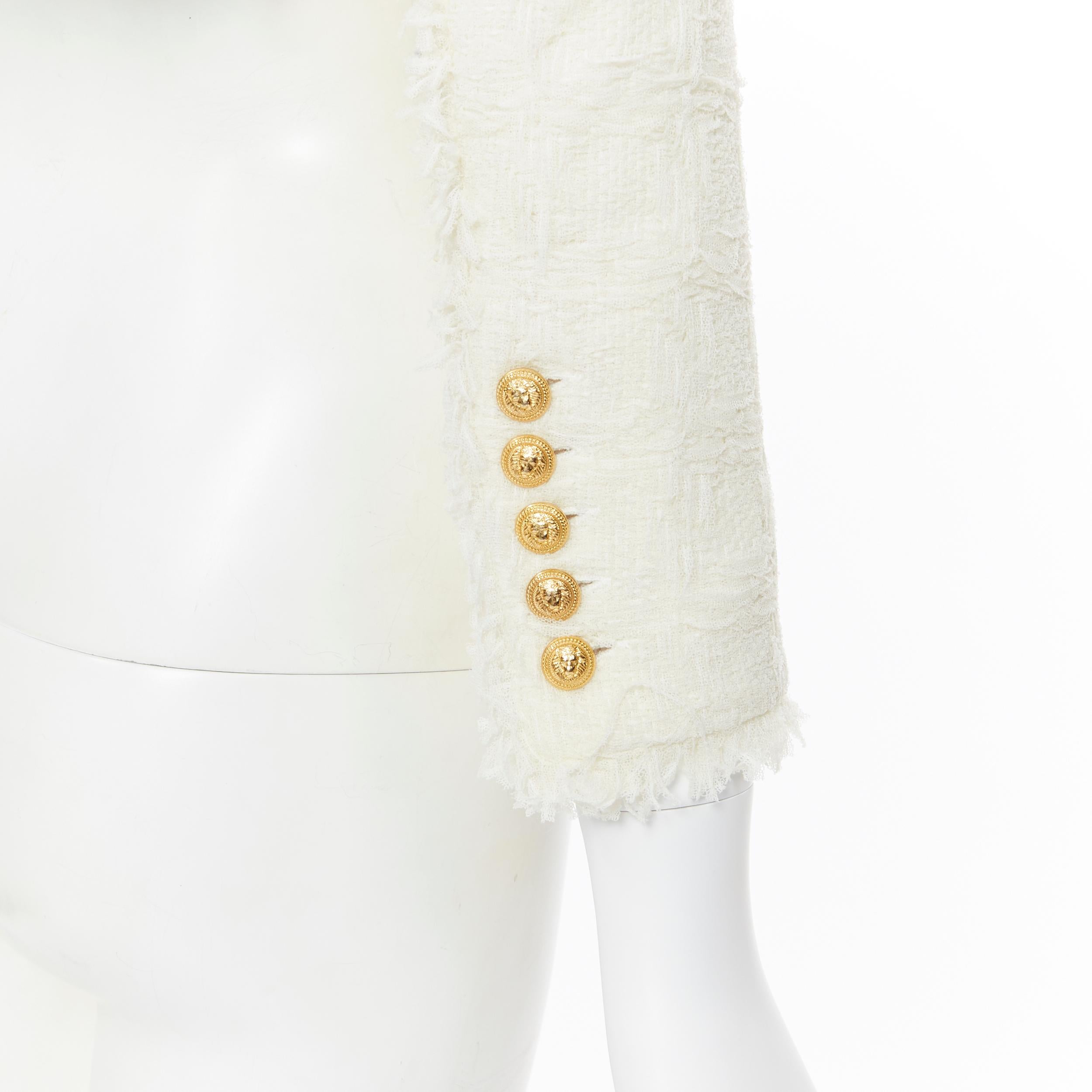 runway BALMAIN ivory white tweed crystal pearl brooch cropped blazer jacket FR34 1