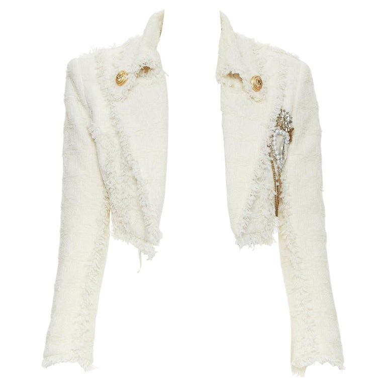 runway BALMAIN ivory white tweed crystal pearl brooch cropped blazer jacket  FR34 at 1stDibs