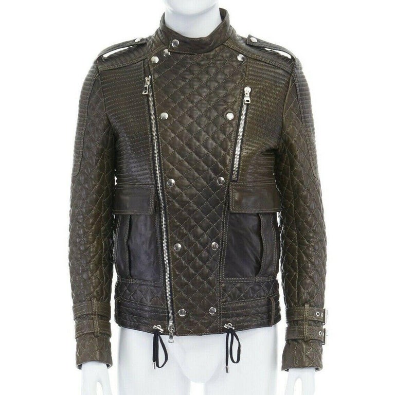 runway BALMAIN quilted leather motorcycle biker jacket EU48 M at 1stDibs | quilted leather jacket, balmain green leather jacket, quilring