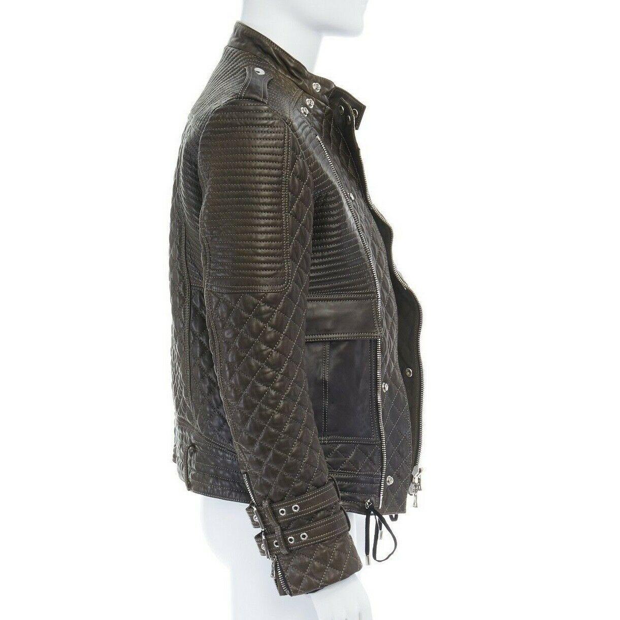 Black runway BALMAIN ROUSTEING green quilted leather motorcycle biker jacket EU48 M