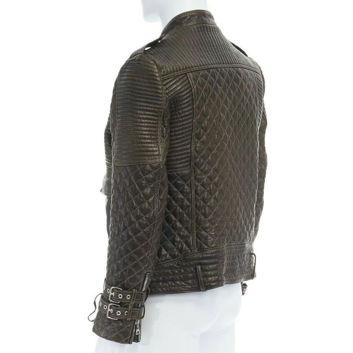 runway BALMAIN ROUSTEING green quilted leather motorcycle biker jacket EU48 M In Excellent Condition In Hong Kong, NT