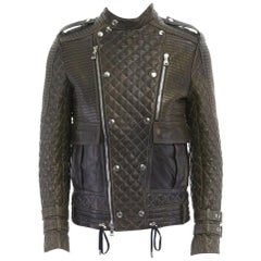 runway BALMAIN ROUSTEING green quilted leather motorcycle biker jacket EU48 M