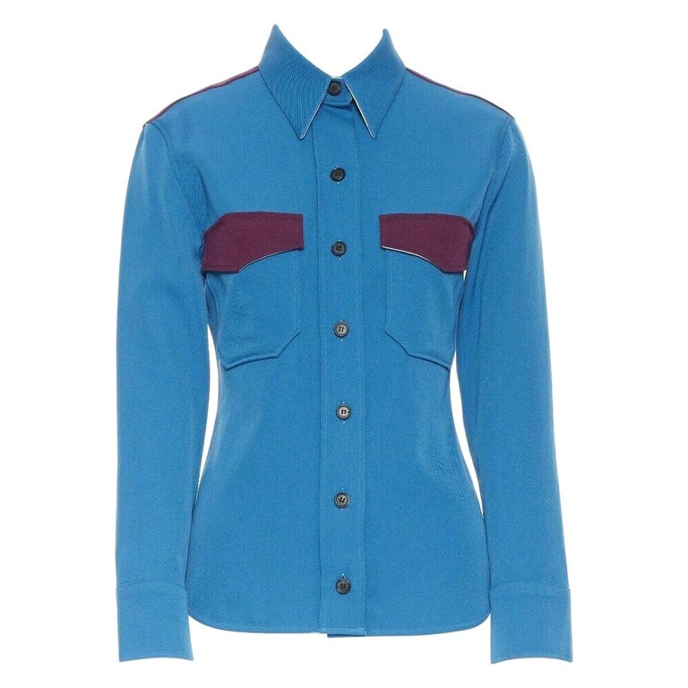 runway CALVIN KLEIN RAF SIMONS AW17 blue purple wool diner uniform shirt  IT38 XS For Sale at 1stDibs