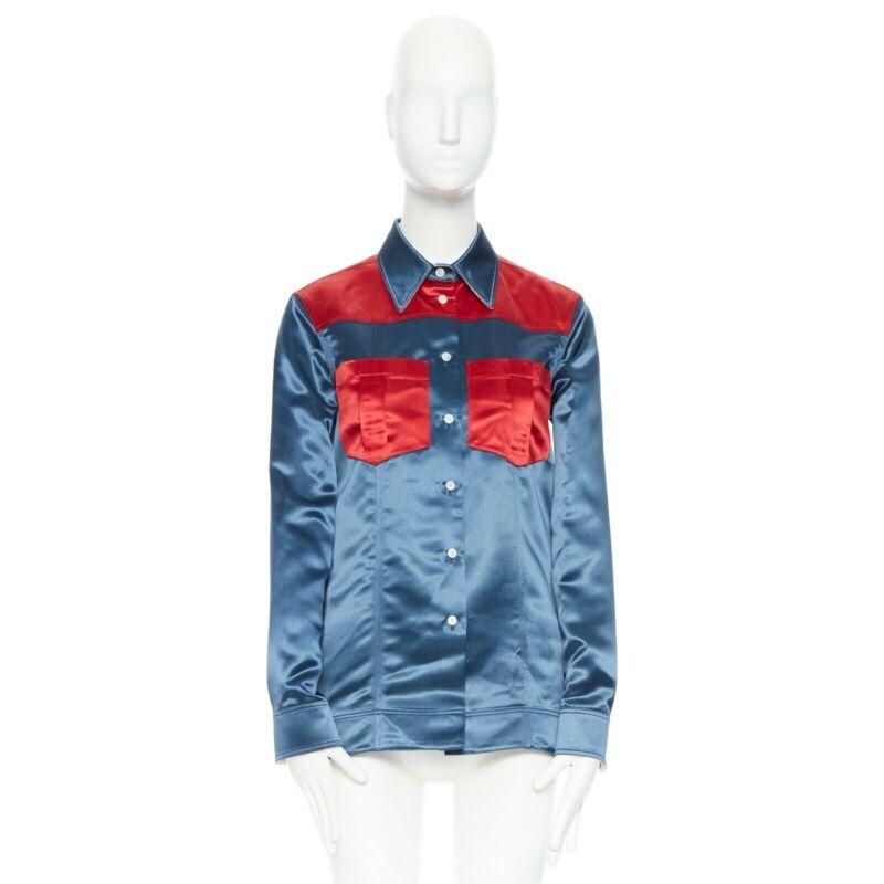 runway CALVIN KLEIN RAF SIMONS SS18 blue red acetate diner uniform shirt IT36 XS For Sale 5