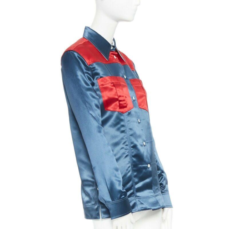Gray runway CALVIN KLEIN RAF SIMONS SS18 blue red acetate diner uniform shirt IT36 XS For Sale