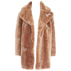 runway CARVEN AW14 brown faux fur allover crystal arrow embroidery coat FR36 S