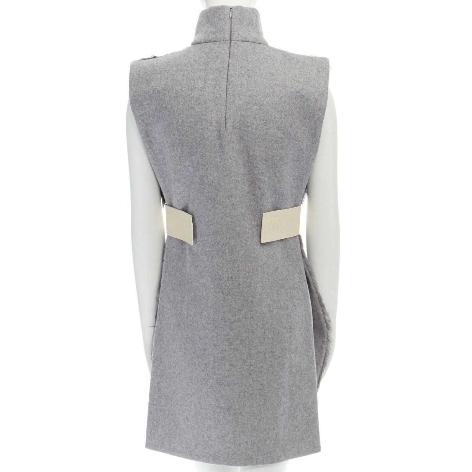 Gray runway CELINE grey goat fur 100% cashmere leather belt tab turtleneck vest top 
