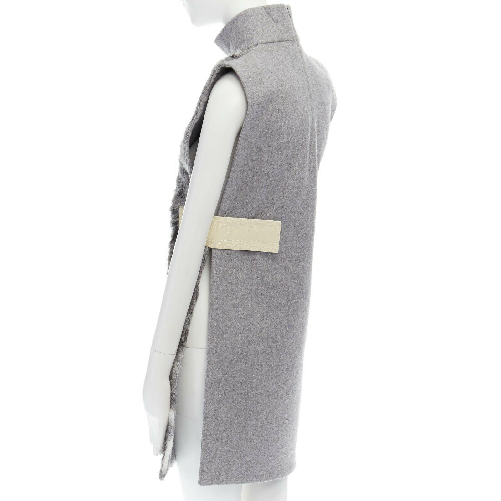runway CELINE grey goat fur 100% cashmere leather belt tab turtleneck vest top  In Excellent Condition In Hong Kong, NT