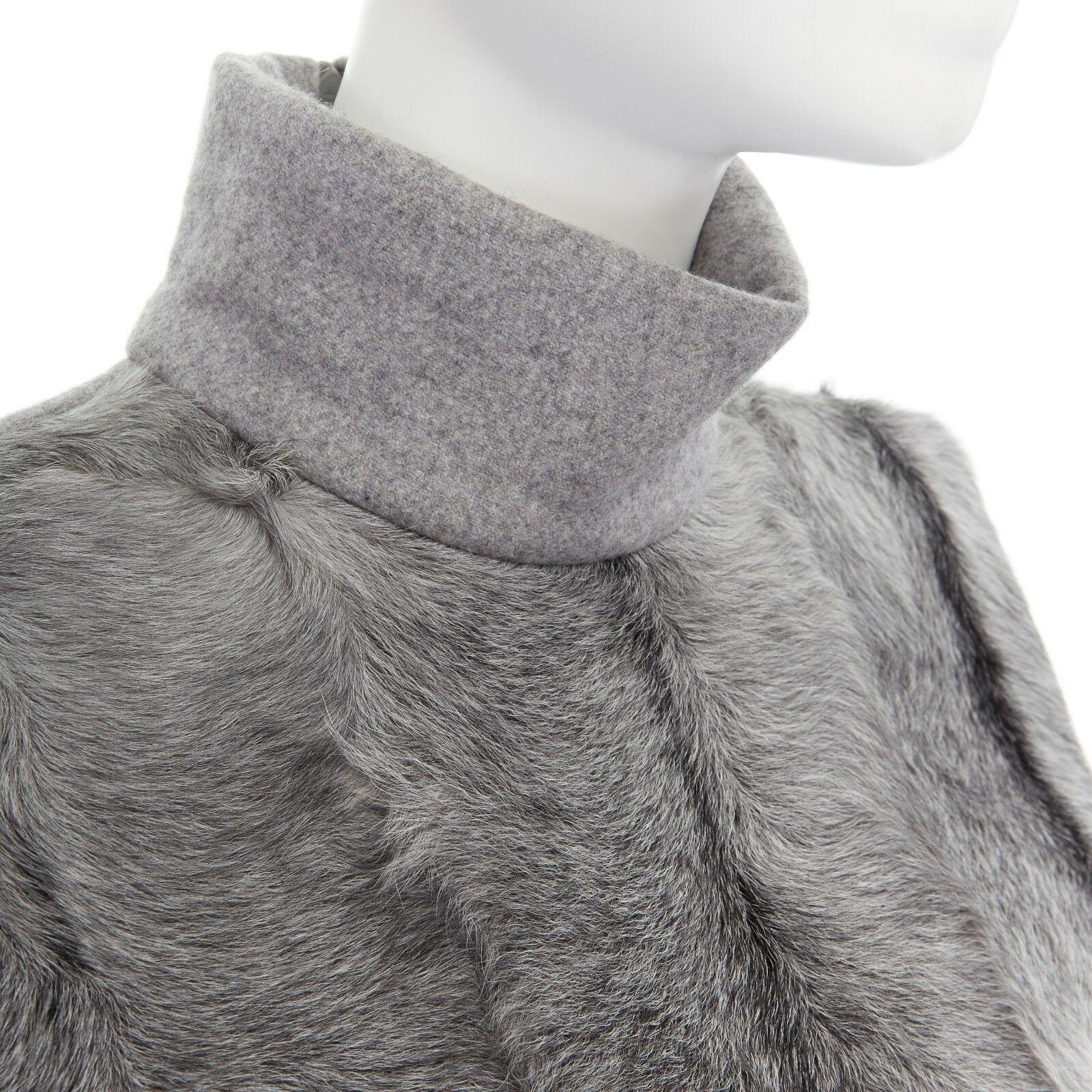 Women's runway CELINE grey goat fur 100% cashmere leather belt tab turtleneck vest top 
