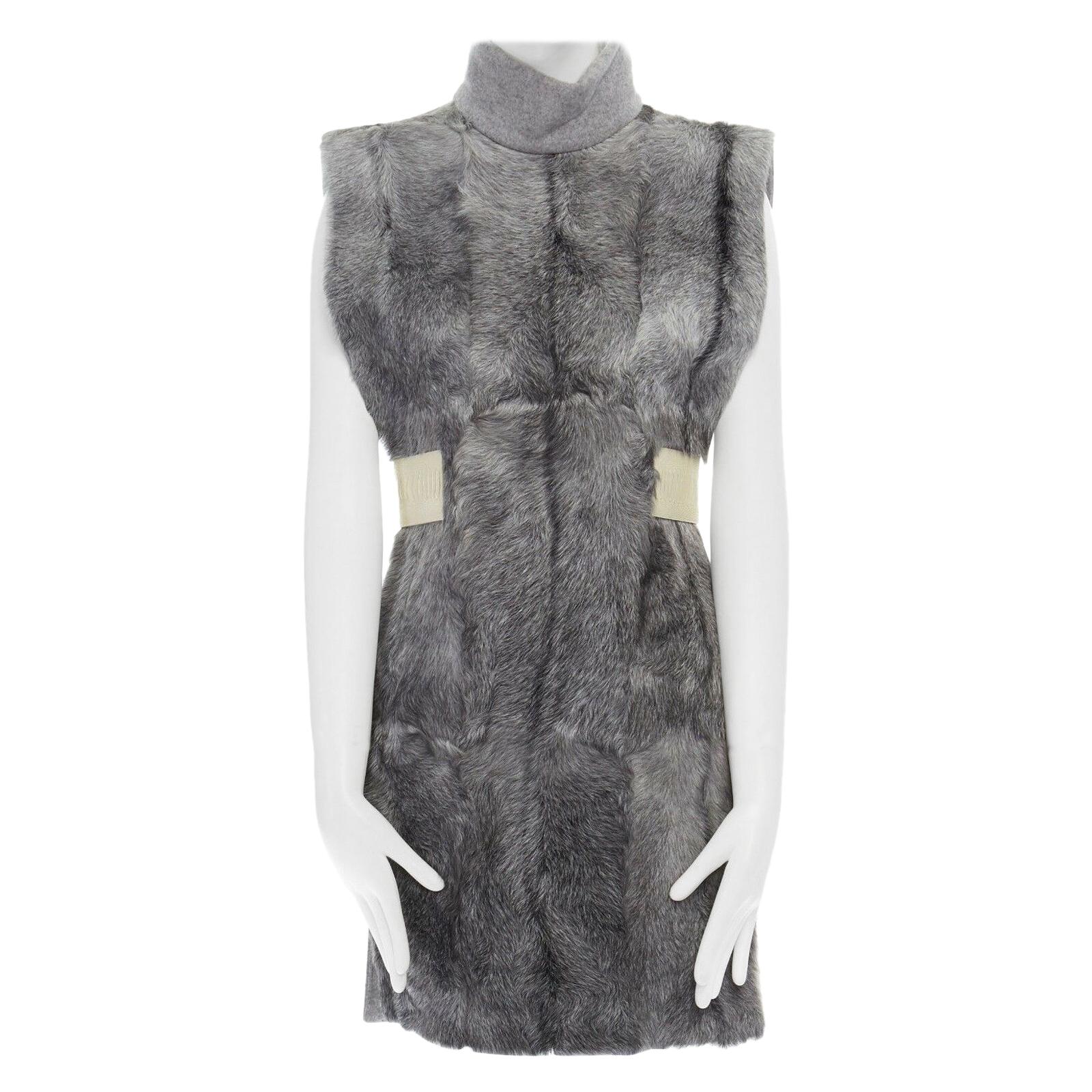 runway CELINE grey goat fur 100% cashmere leather belt tab turtleneck vest top 