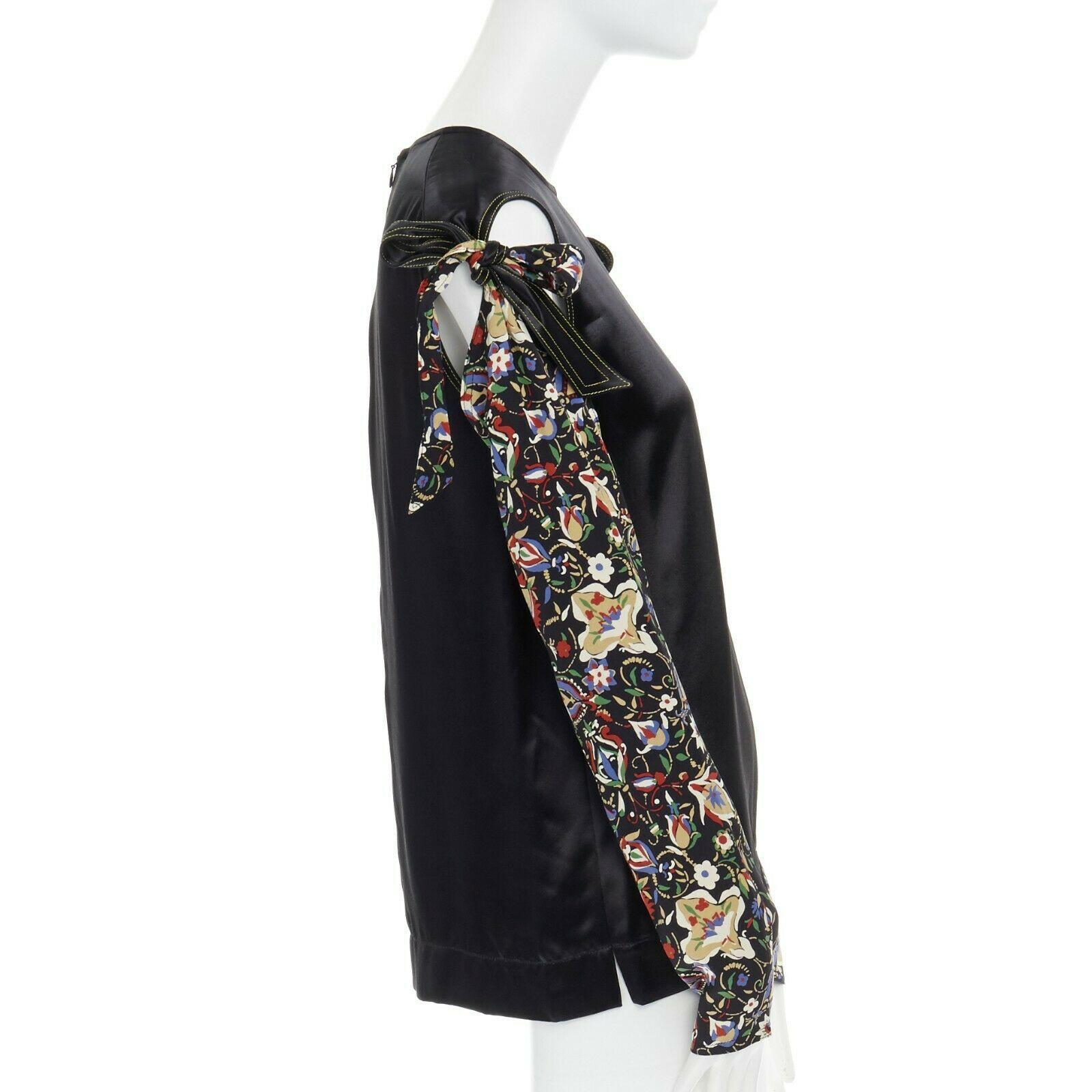 runway CELINE PHILO black floral print contrast stitch cut out tie sleeves top S In Good Condition In Hong Kong, NT