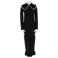 runway CELINE PHILO black knit oversized wool collar ruffle hem fitted dress S