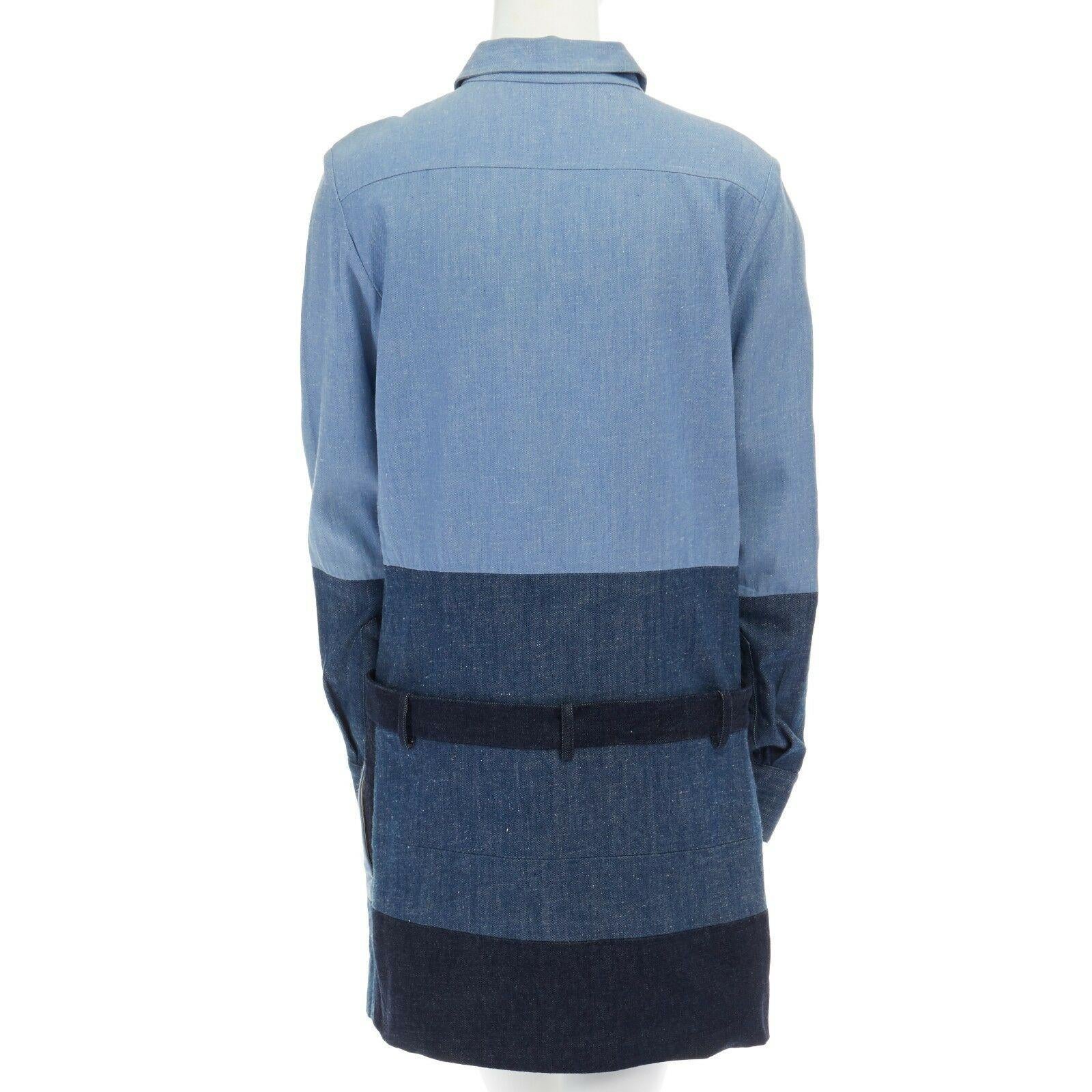 runway CELINE PHILO blue mixed denim patchwork long sleeve mini dress FR38 M
CELINE BY PHOEBE PHILO
Cotton blend. 
Mixed denim fabric patchwork. 
Spread collar. 
Concealed button front closure. 
Hook bar and zip fly closure. 
Long sleeves. 
Dual