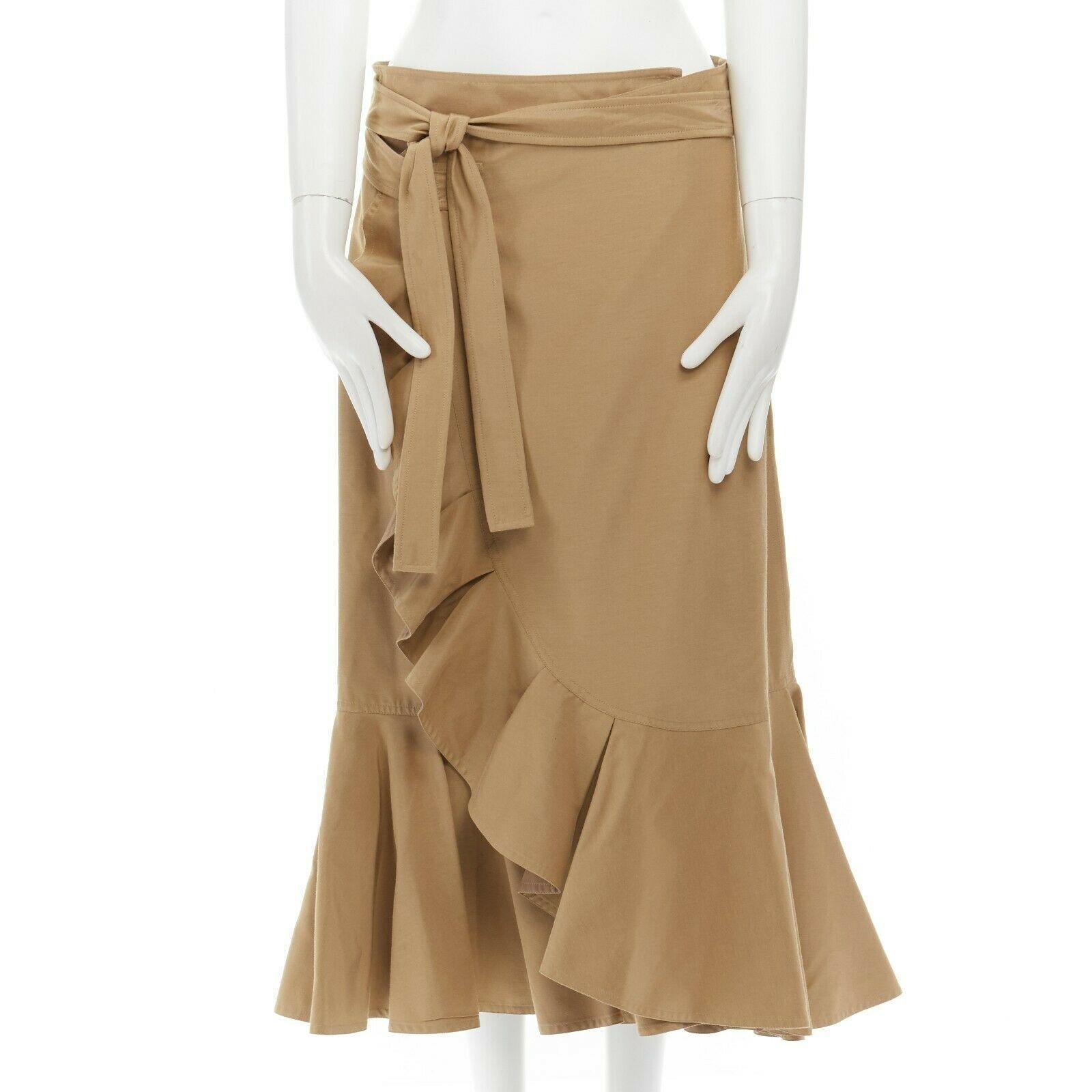 runway CELINE PHILO khaki beige ruffle hem wraparound self tie knee skirt FR40 In Excellent Condition In Hong Kong, NT