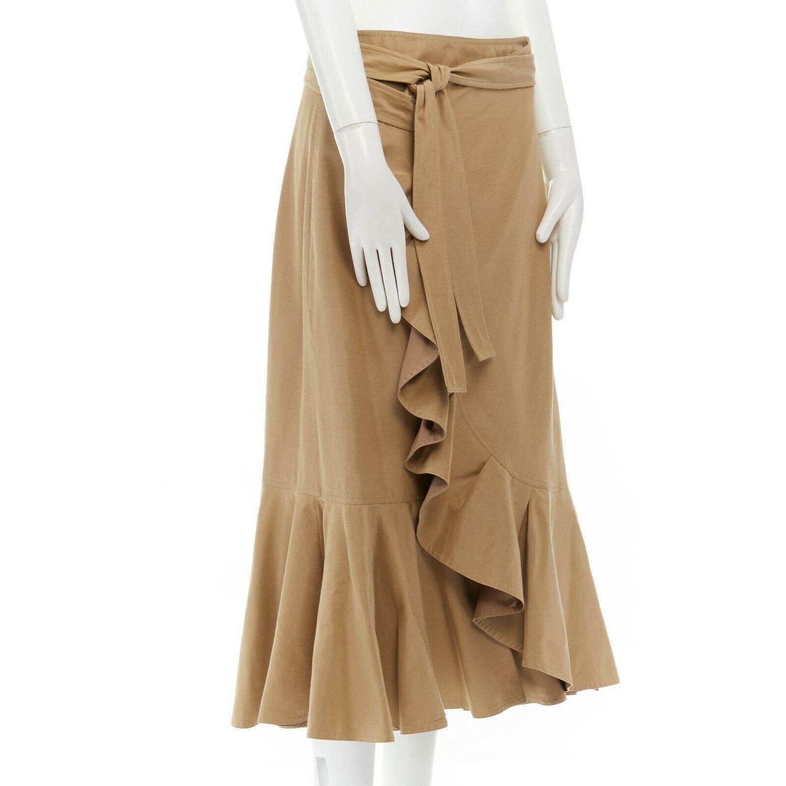 Women's runway CELINE PHILO khaki beige ruffle hem wraparound self tie knee skirt FR40