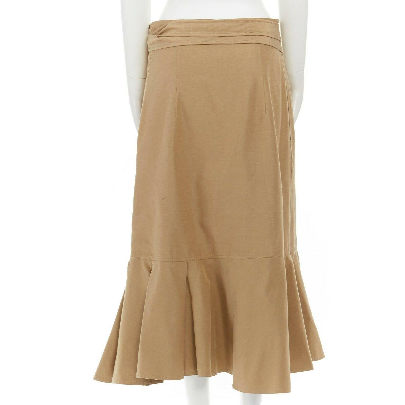 runway CELINE PHILO khaki beige ruffle hem wraparound self tie knee skirt FR40 In Good Condition In Hong Kong, NT