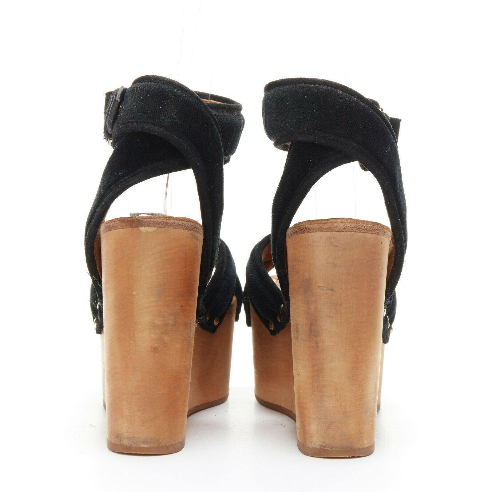 runway CELINE PHOEBE PHILO SS10 brown wood wedge black suede strap sandal EU37.5 In Excellent Condition In Hong Kong, NT