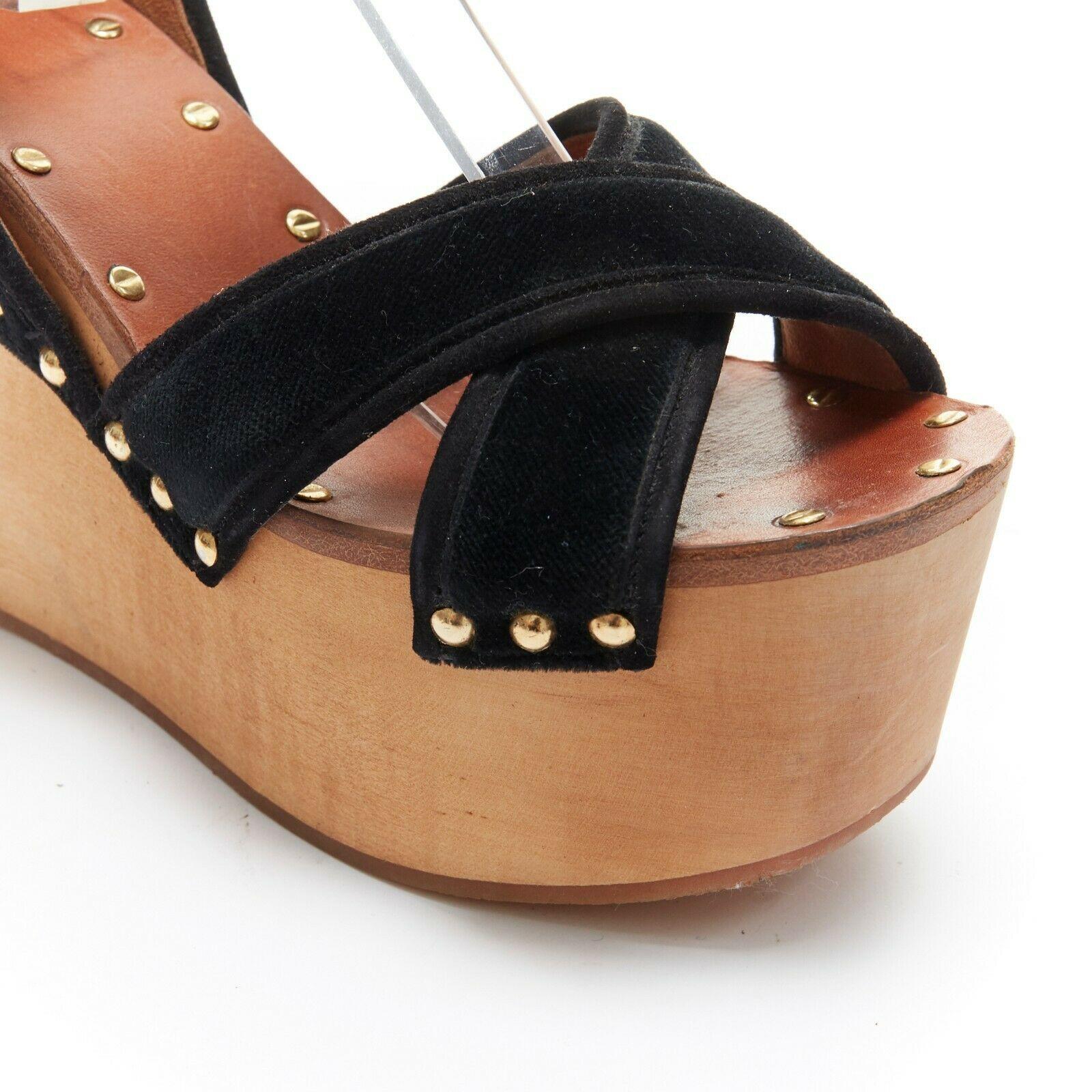 runway CELINE PHOEBE PHILO SS10 brown wood wedge black suede strap sandal EU37.5 2