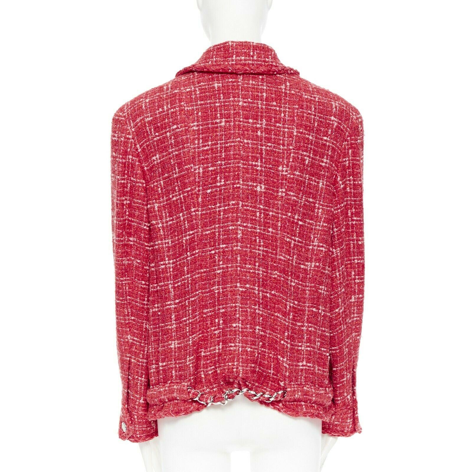 runway CHANEL 06P red pink checker tweed biker jacket braided chain belt FR46 In Excellent Condition In Hong Kong, NT