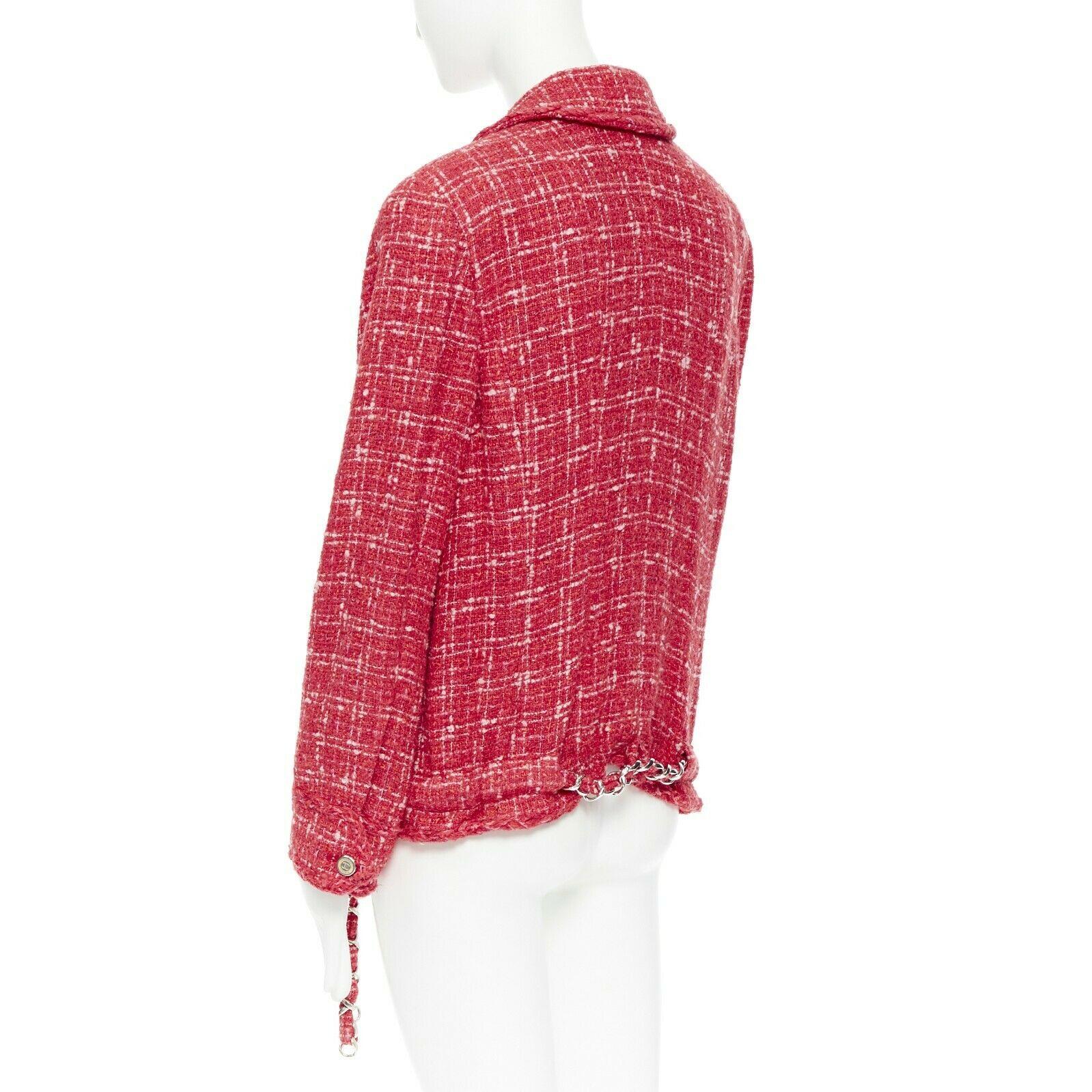 Women's runway CHANEL 06P red pink checker tweed biker jacket braided chain belt FR46