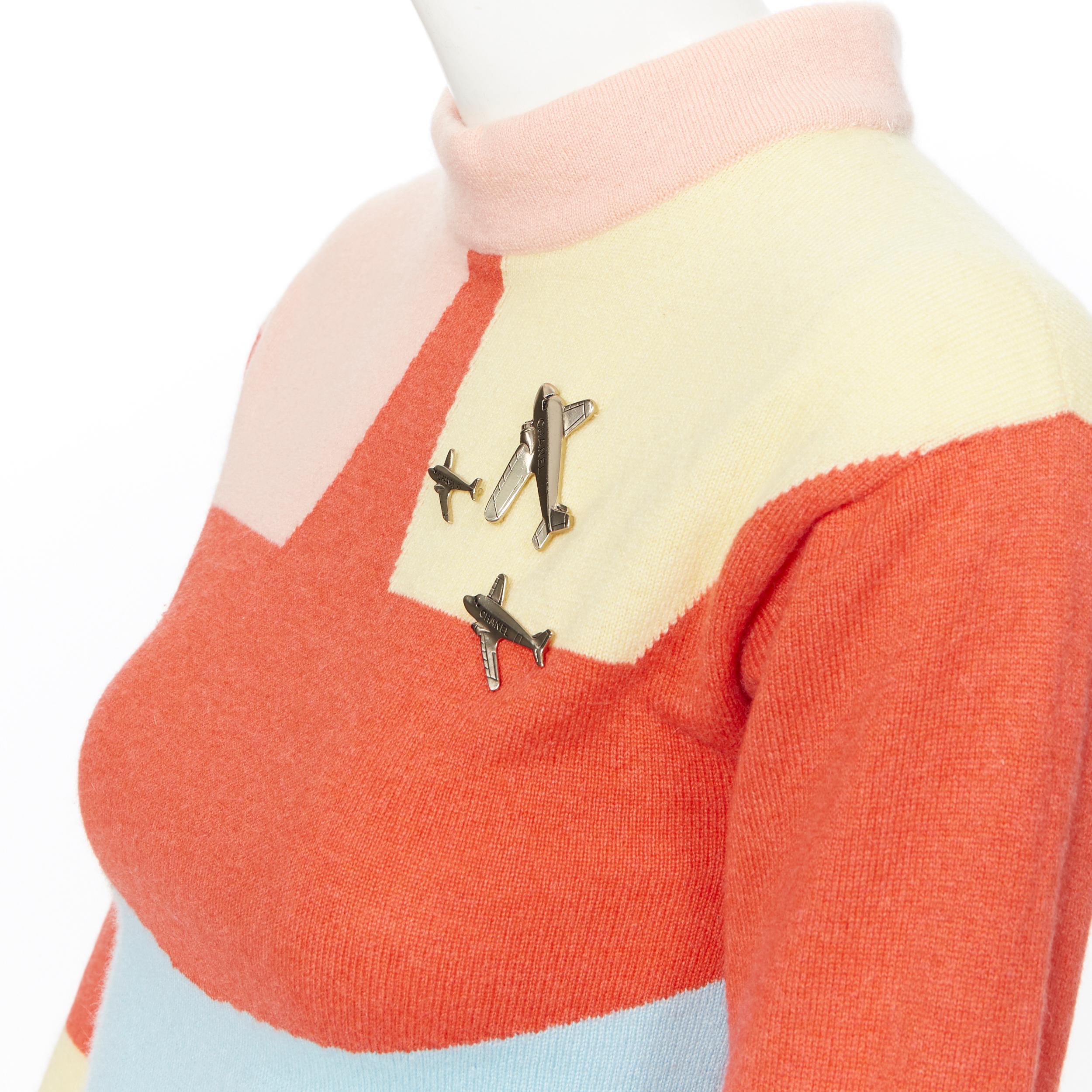 Women's runway CHANEL 08C 100% cashmere orange colorblocked gold airplane sweater FR36