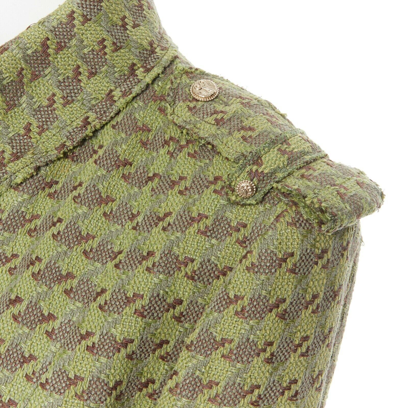 runway CHANEL 08C green houndstooth tweed 2 pocket military jacket FR42 In Good Condition In Hong Kong, NT