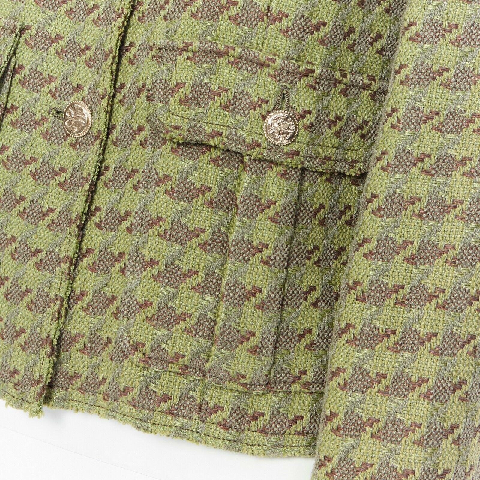 Women's runway CHANEL 08C green houndstooth tweed 2 pocket military jacket FR42