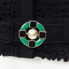 runway CHANEL 09A black boucle tweed wrap collar jade leather belt jacket FR42