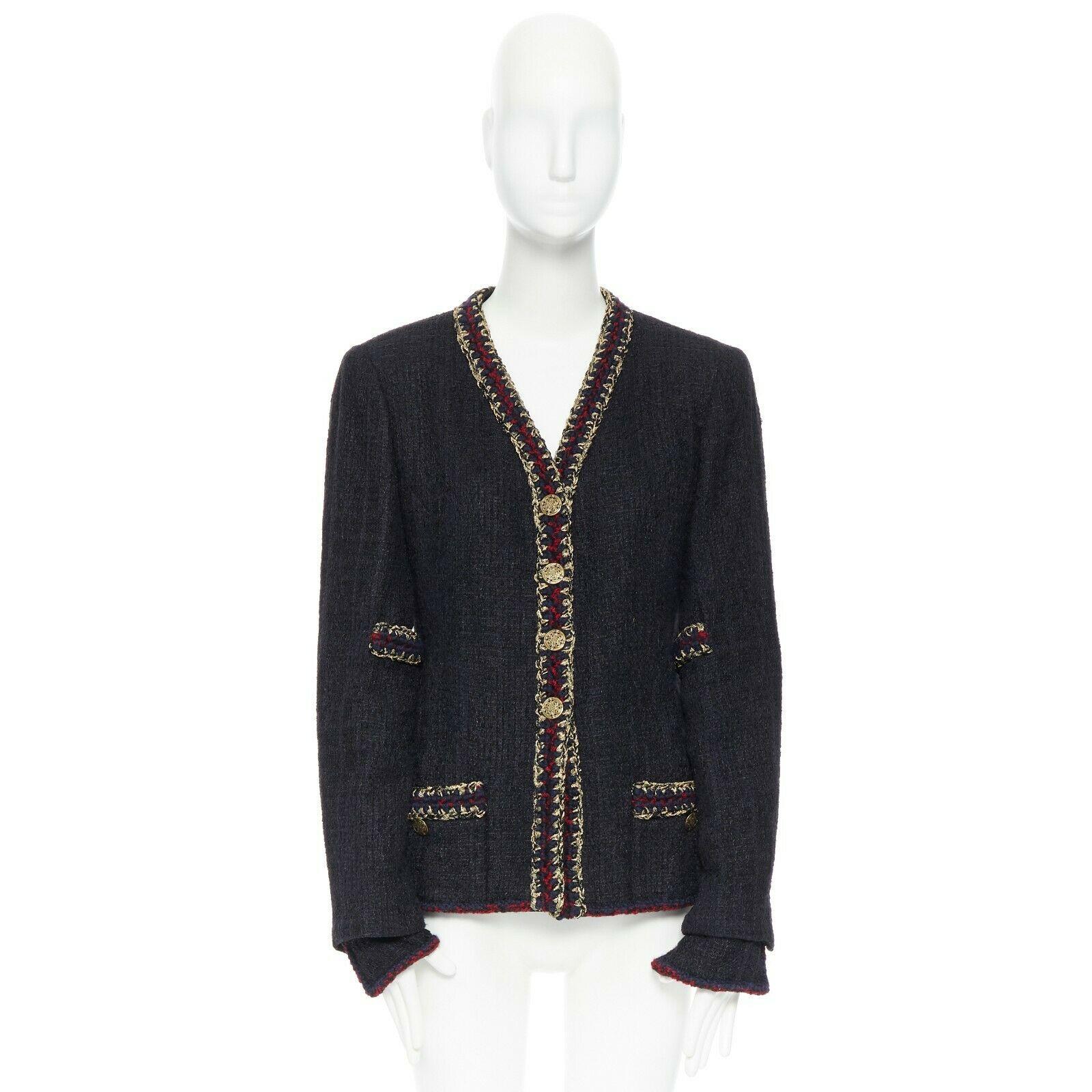 Black runway CHANEL 10A Paris-Shanghai black lacquered tweed crochet trim jacket FR46