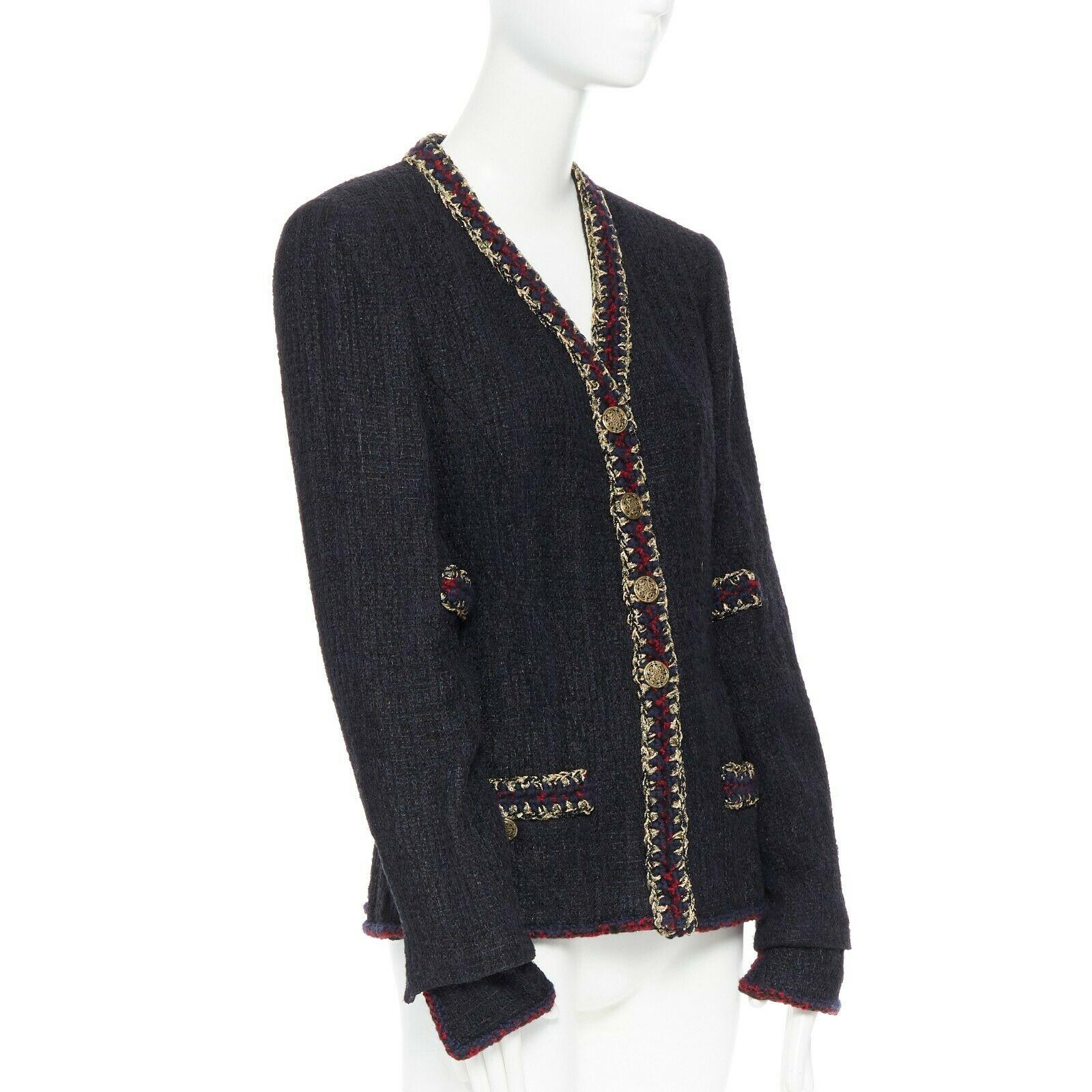 runway CHANEL 10A Paris-Shanghai black lacquered tweed crochet trim jacket FR46 In Excellent Condition In Hong Kong, NT