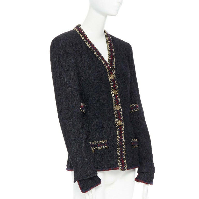 runway CHANEL 10A Paris-Shanghai black lacquered tweed crochet trim jacket  FR46 at 1stDibs