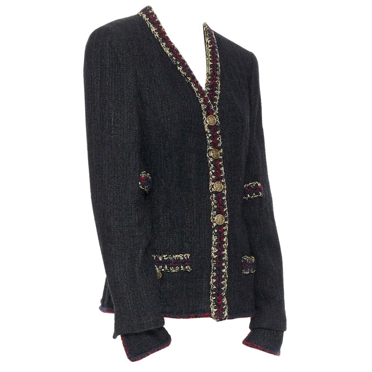 runway CHANEL 10A Paris-Shanghai black lacquered tweed crochet trim jacket  FR46 at 1stDibs