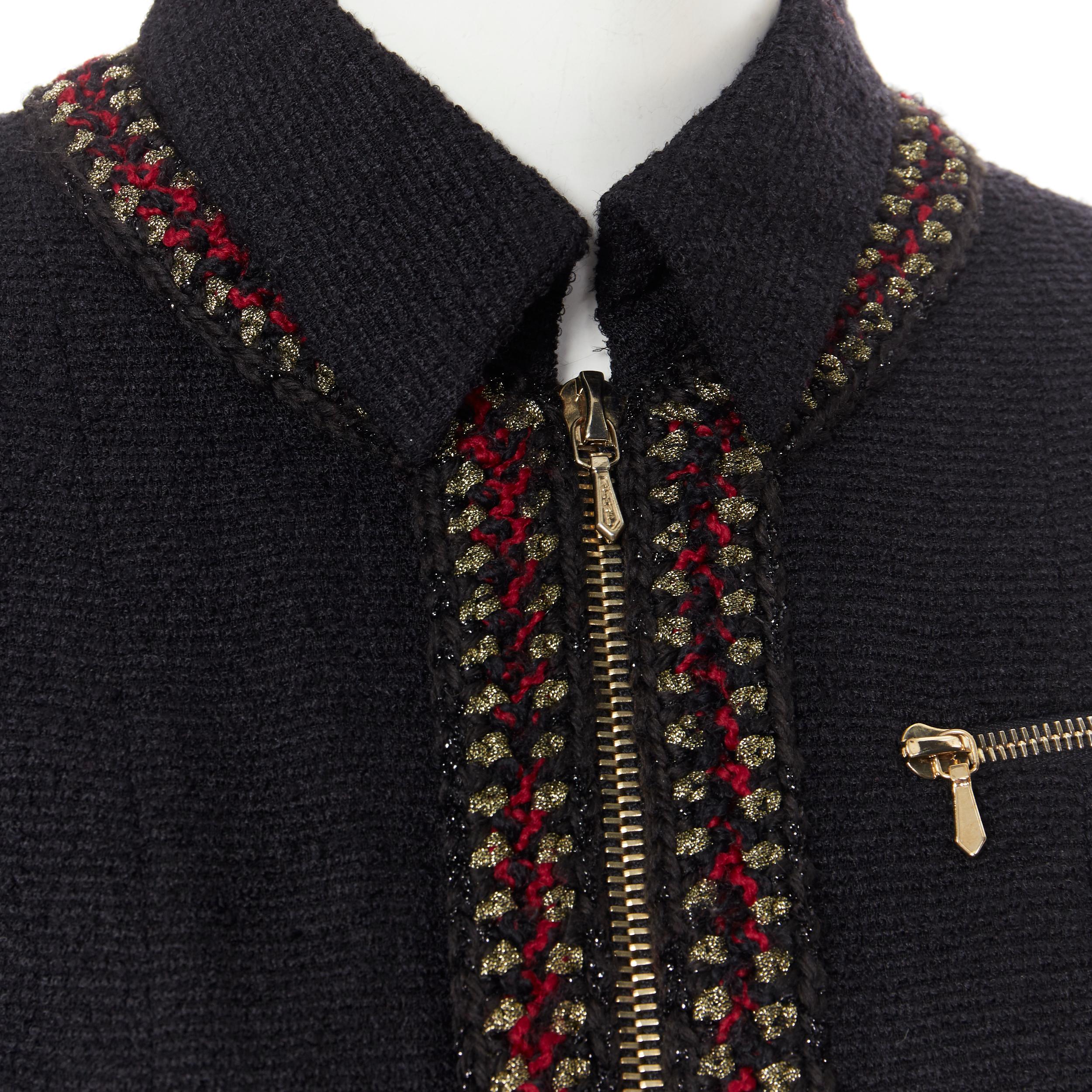 runway CHANEL 10A Paris-Shanghai black tweed red gold crochet trim jacket FR36
Brand: Chanel
Designer: Karl Lagerfeld
Collection: Paris-Shanghai Metier D'art 
Model Name / Style: Tweed jacket
Material: Wool blend
Color: Black
Pattern: Solid
Closure: