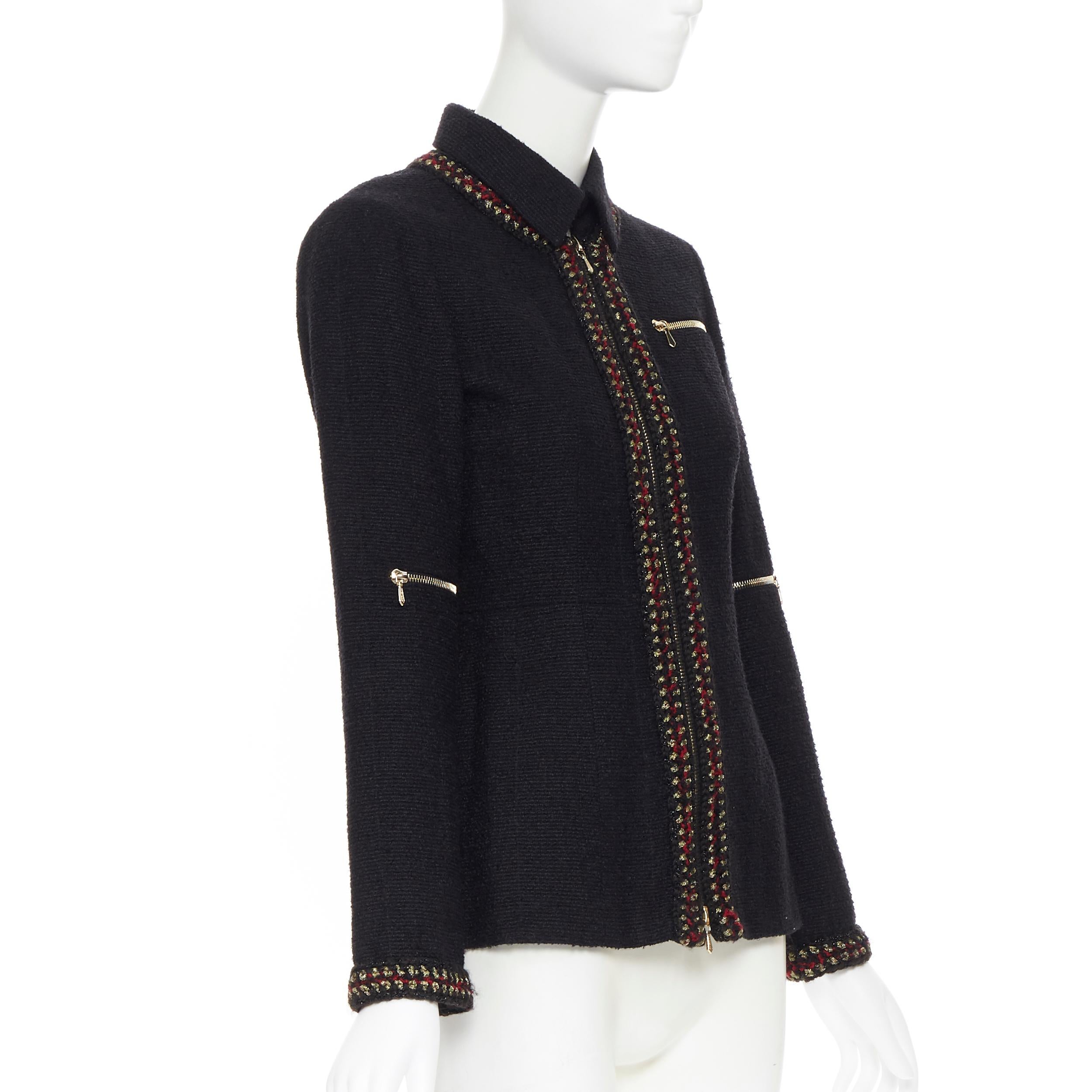 runway CHANEL 10A Paris-Shanghai black tweed red gold crochet trim jacket FR36 In Excellent Condition In Hong Kong, NT