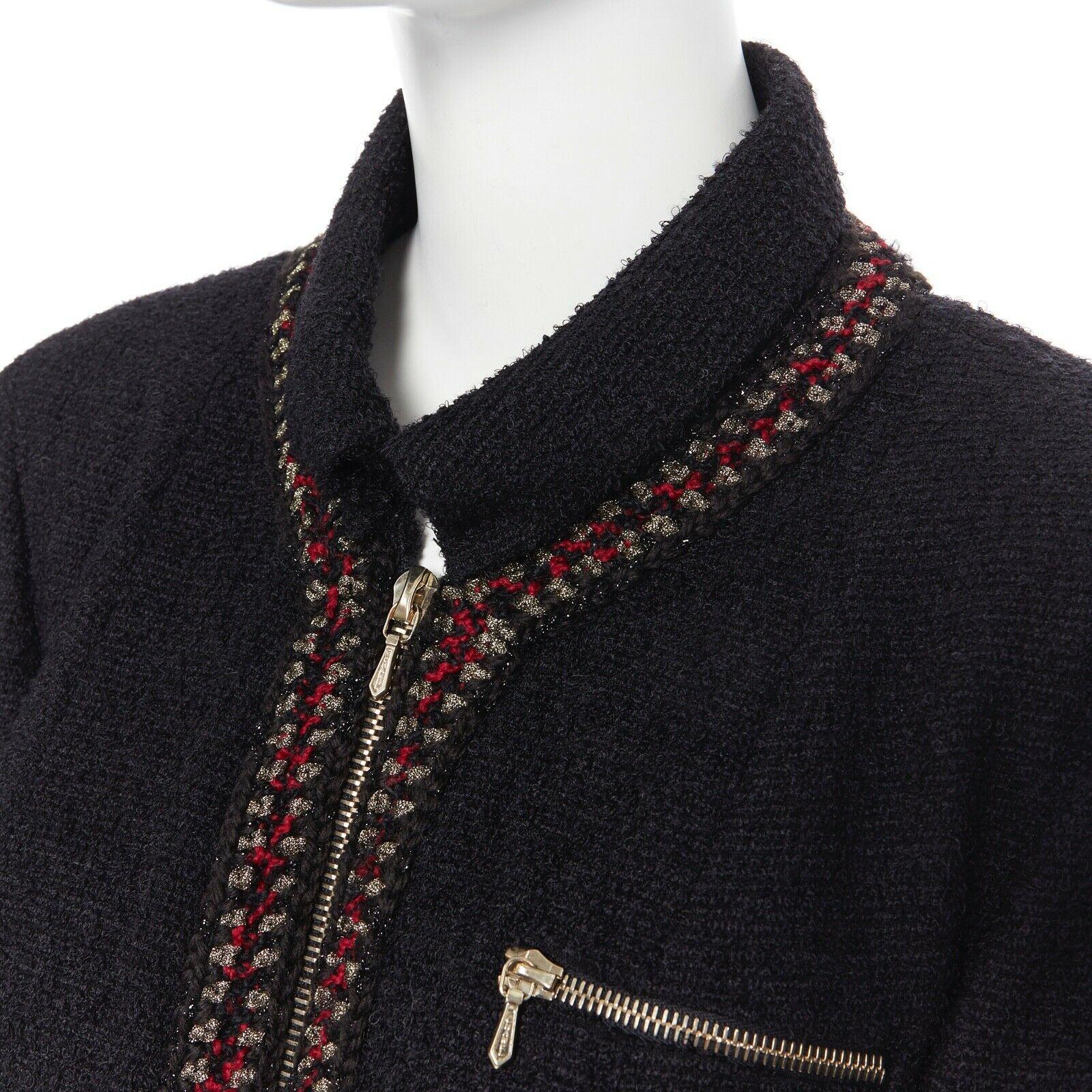 runway CHANEL 10A Paris-Shanghai black tweed red gold crochet trim jacket FR48
Brand: CHANEL
Designer: Karl Lagerfeld
Collection: 10A Paris-Shanghai Metier D'art 
Model Name / Style: Tweed jacket
Material: Wool blend
Color: Black
Pattern: Solid with
