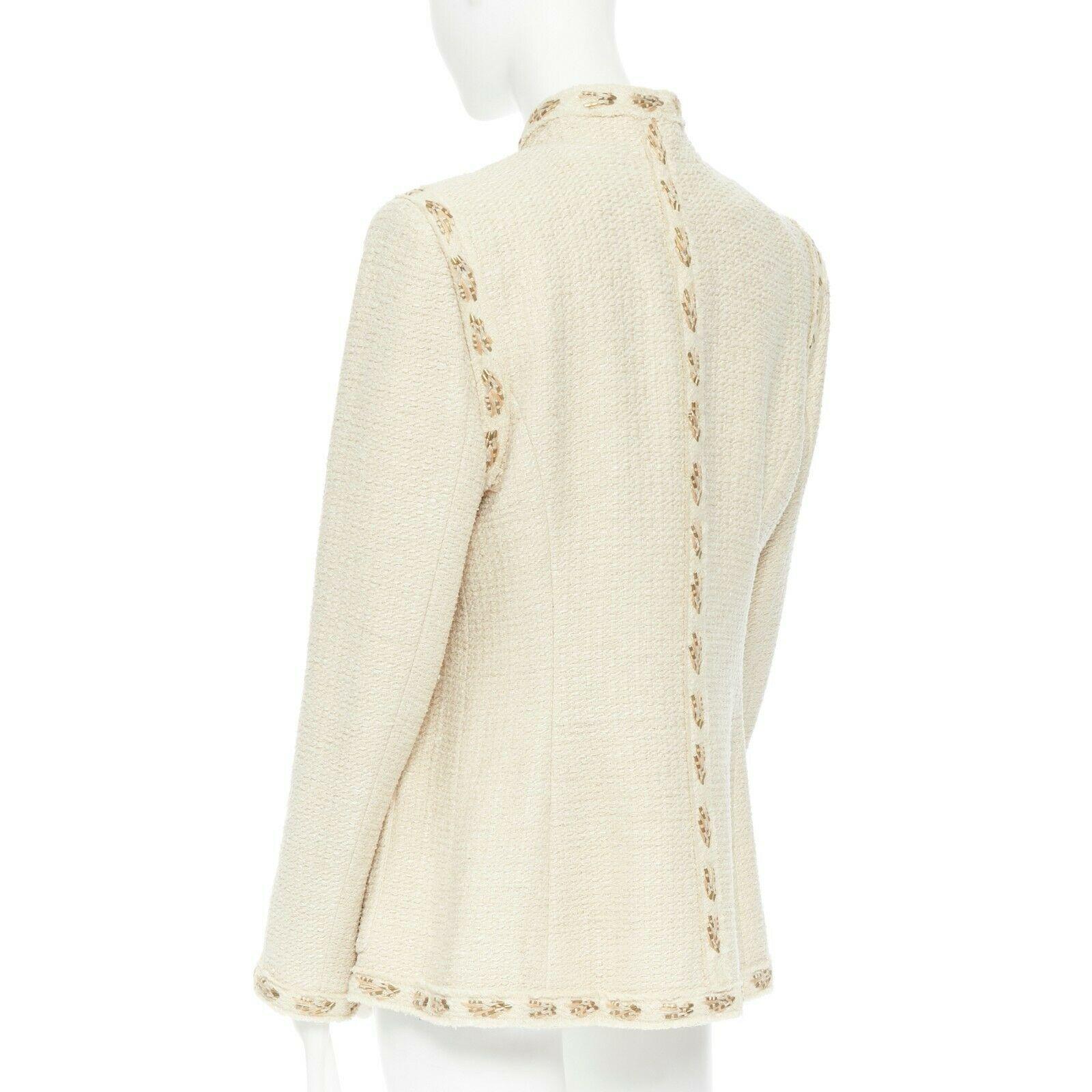 runway CHANEL 10P beige wheat silk tweed gold embroidery military jacket FR44 In Excellent Condition In Hong Kong, NT