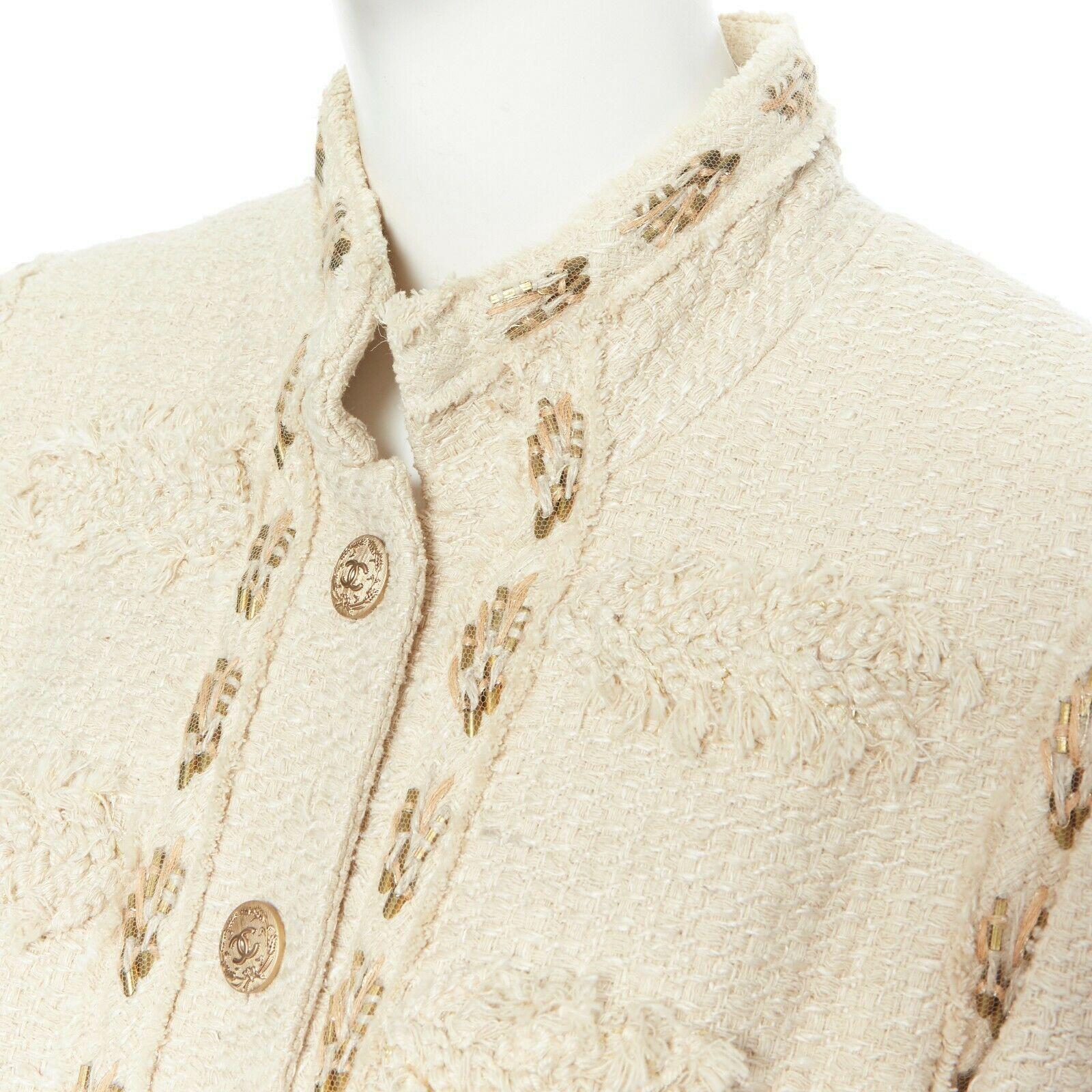 Women's runway CHANEL 10P beige wheat silk tweed gold embroidery military jacket FR44