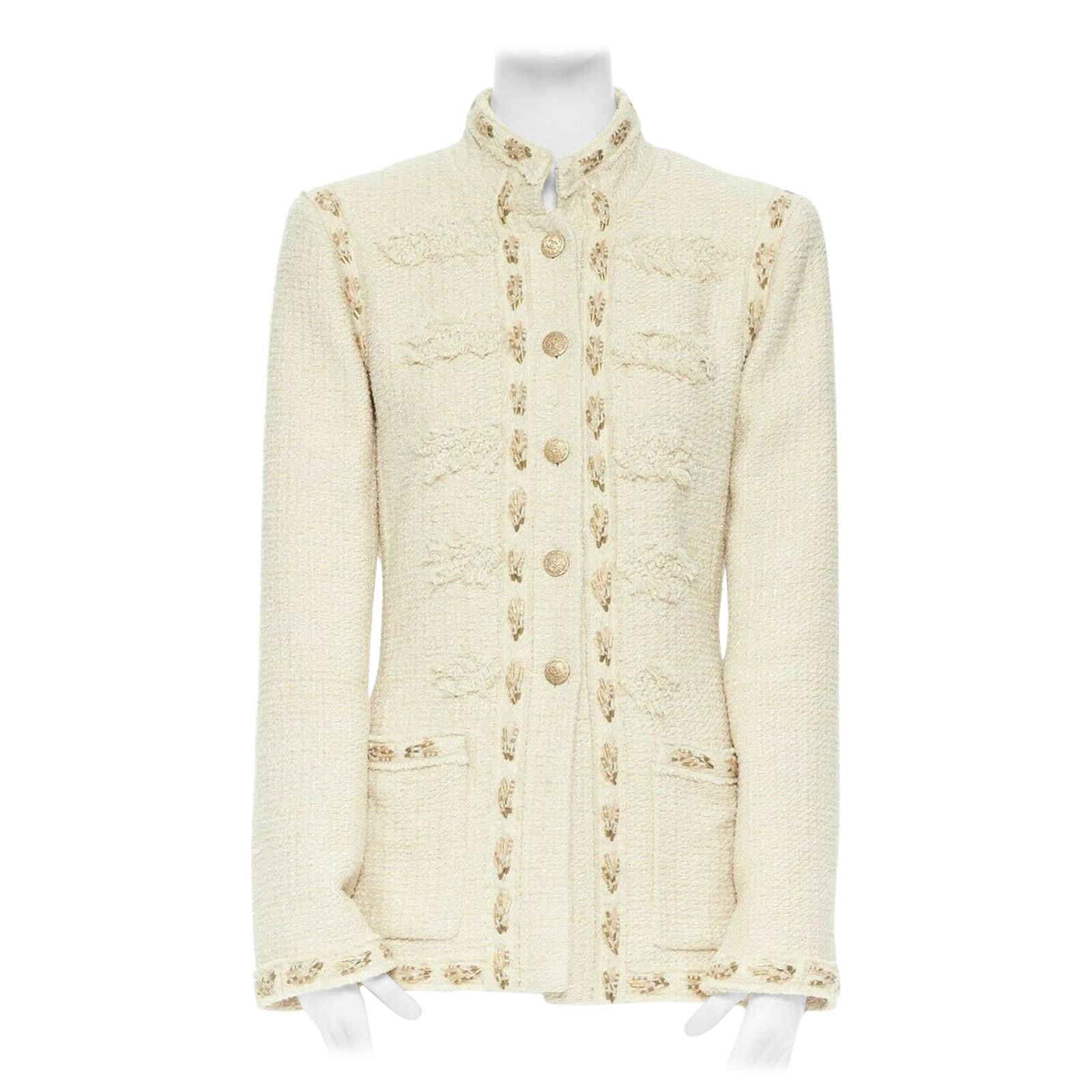 runway CHANEL 10P beige wheat silk tweed gold embroidery military jacket FR44