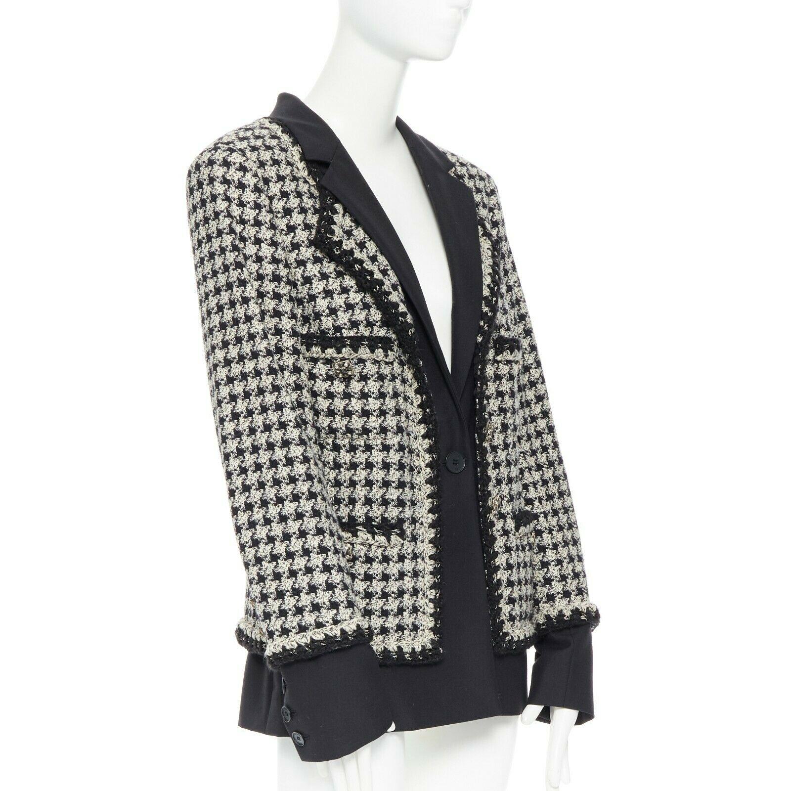 runway CHANEL 11A black houndstooth tweed trompe l'oeil silk blazer jacket FR46 In Excellent Condition In Hong Kong, NT