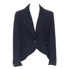 runway CHANEL 12A navy  tweed braided ribbon trim CC button cutaway blazer FR46