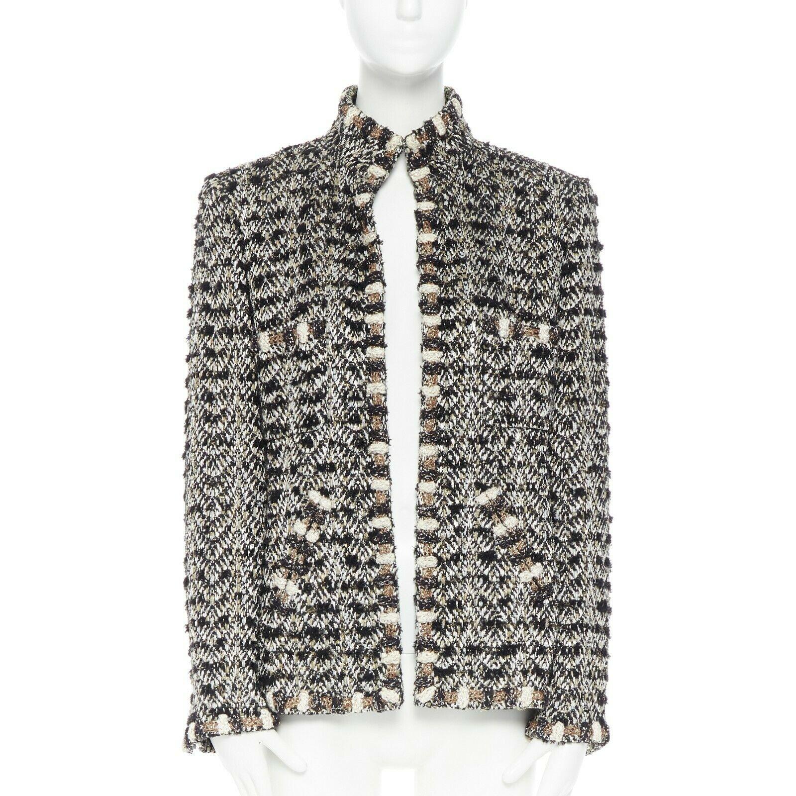 Gris runway CHANEL 12A Paris-Bombay noir or fantaisie tweed 4 poches veste FR44