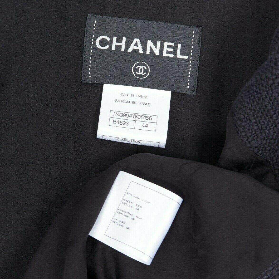 runway CHANEL 12A Paris-Bombay tweed satin tuxedo with green jewel button FR44 4
