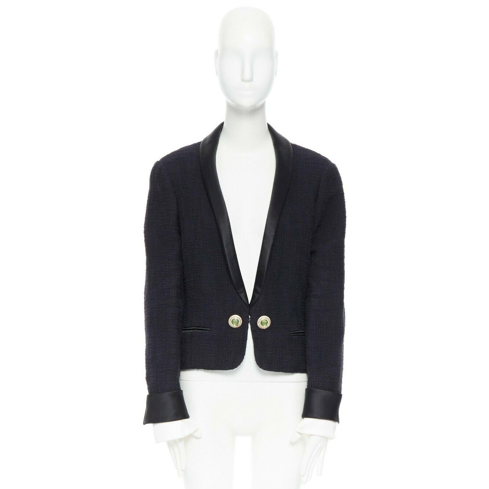 Black runway CHANEL 12A Paris-Bombay tweed satin tuxedo with green jewel button FR44