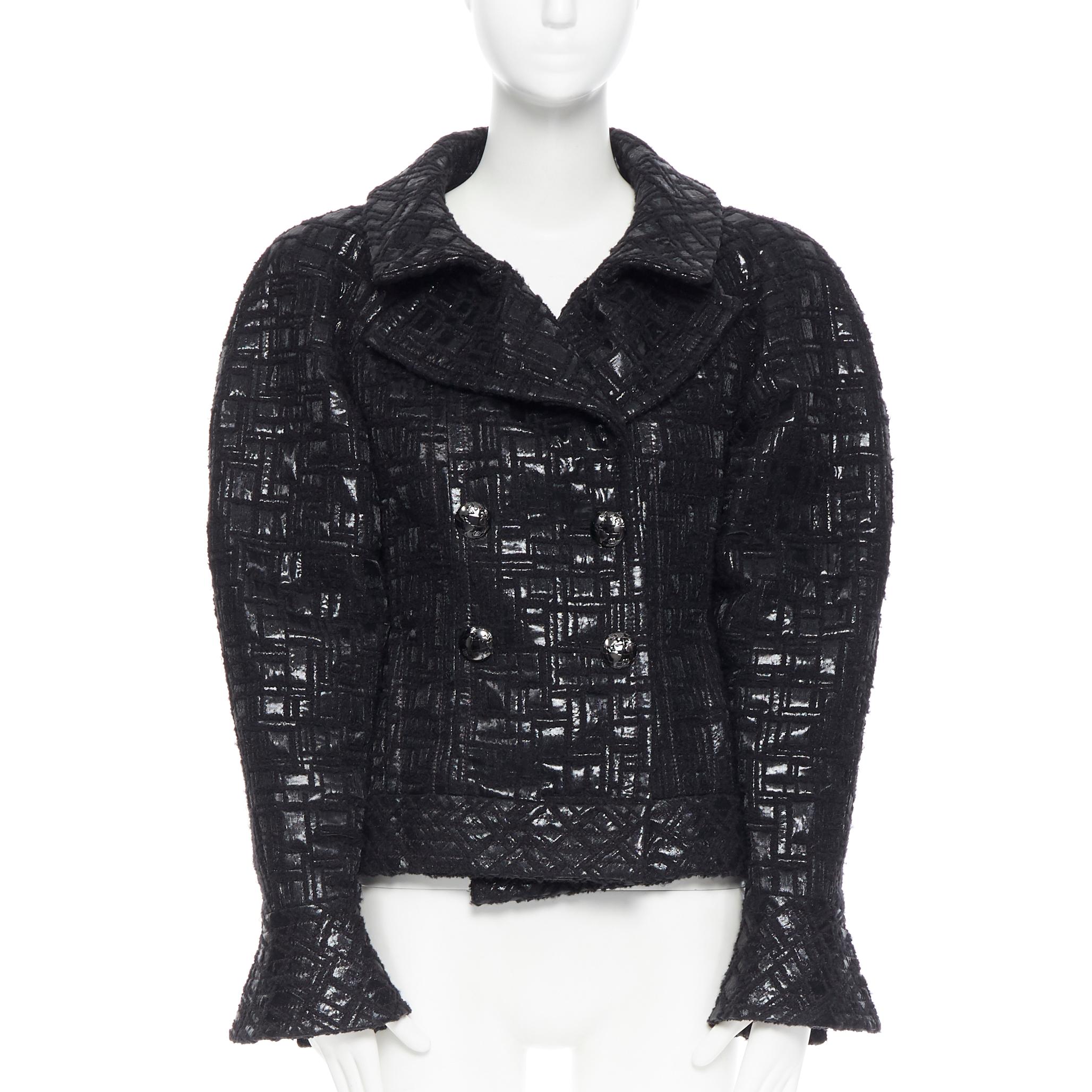 runway CHANEL 13A cyber tweed bomber sleeve double breasted black jacket FR36 Reference: ZING/A00135 
Brand: Chanel 
Designer: Karl Lagerfeld 
Collection: 13A Runway 
Material: Tweed 
Color: Black 
Pattern: Geometric 
Closure: Button 
Extra Detail: