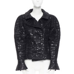 Laufsteg CHANEL 13A Zweireihige schwarze Jacke mit Bomberärmeln aus cyber Tweed FR36