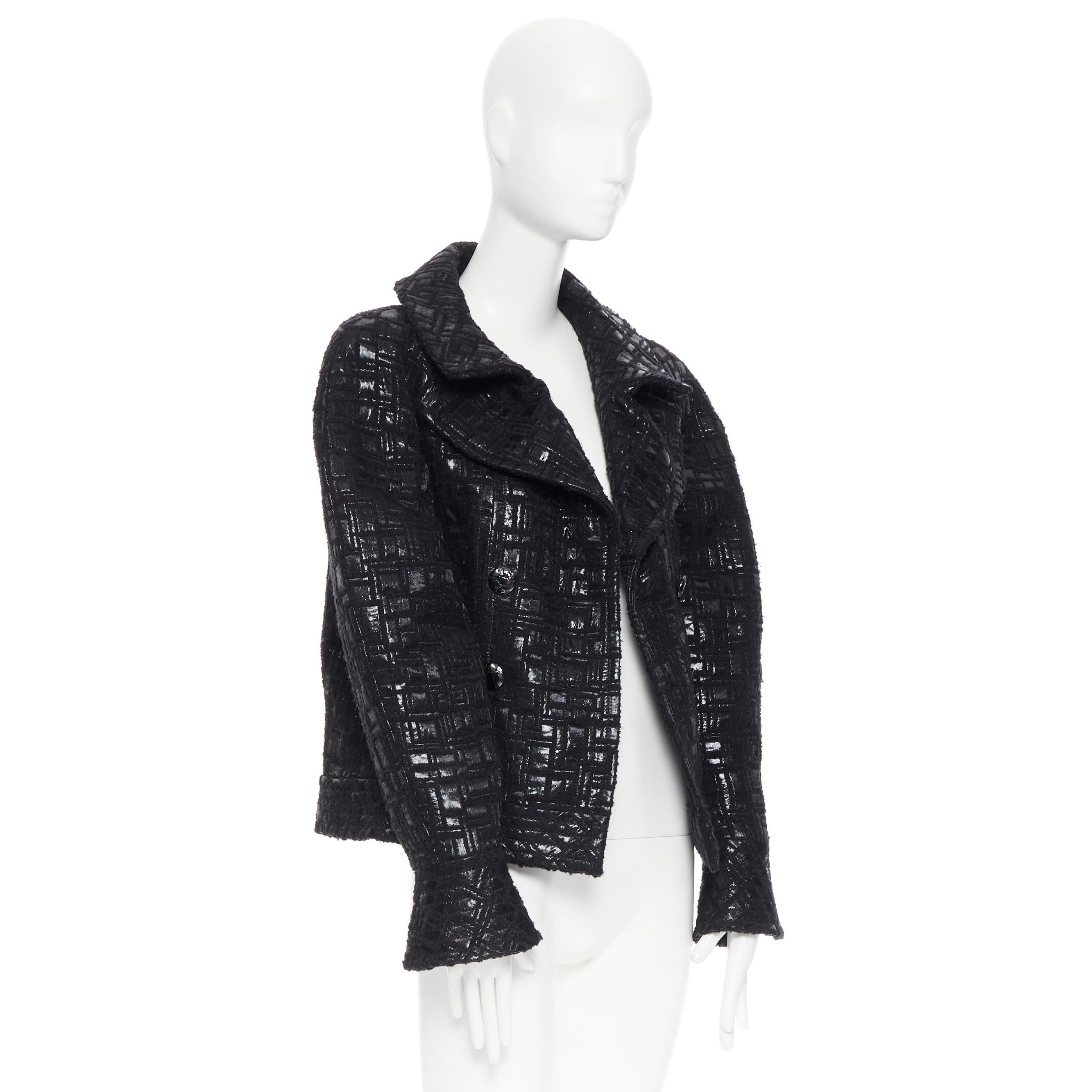 Black runway CHANEL 13A cyber tweed bomber sleeve double breasted black jacket FR36