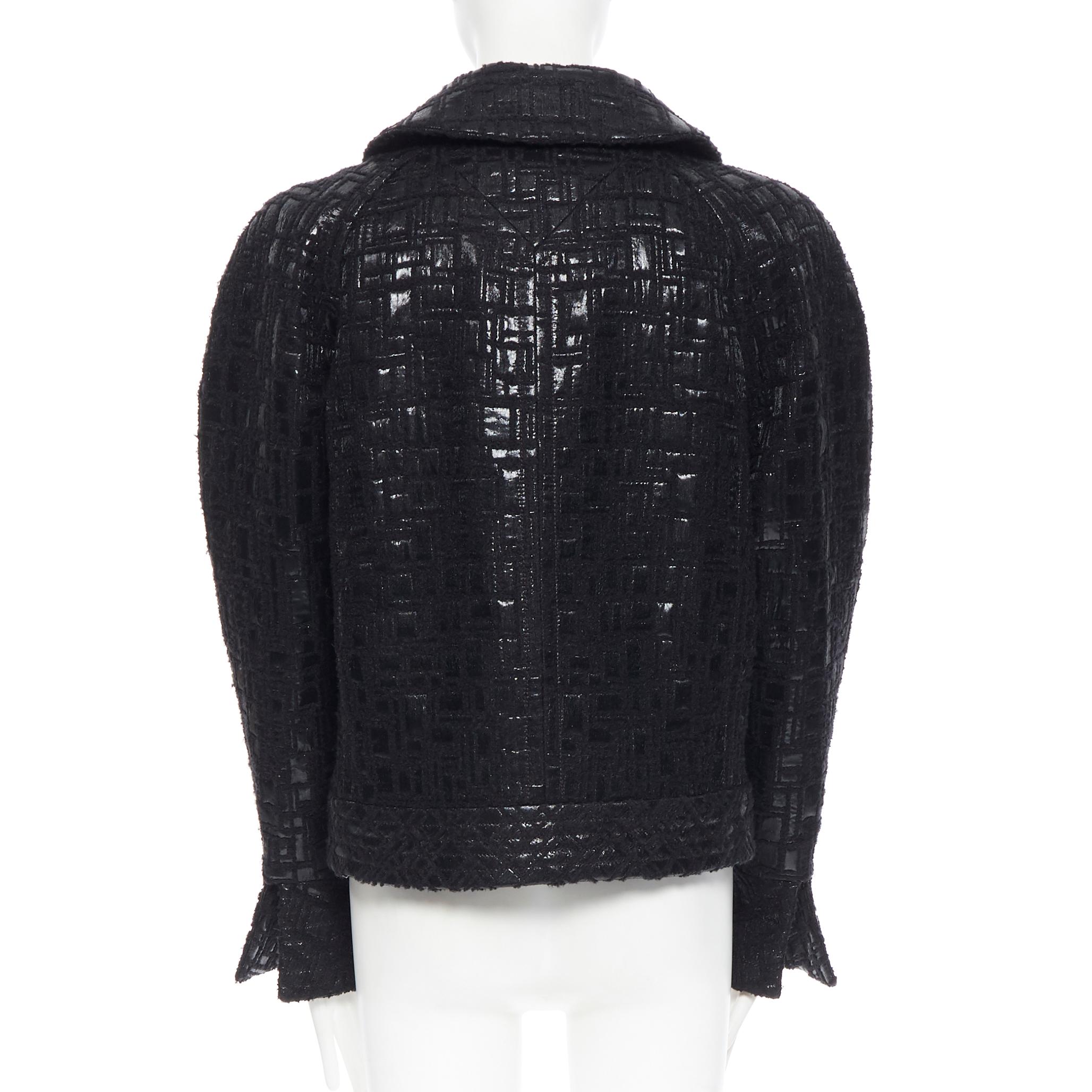 Women's runway CHANEL 13A cyber tweed bomber sleeve double breasted black jacket FR36 For Sale